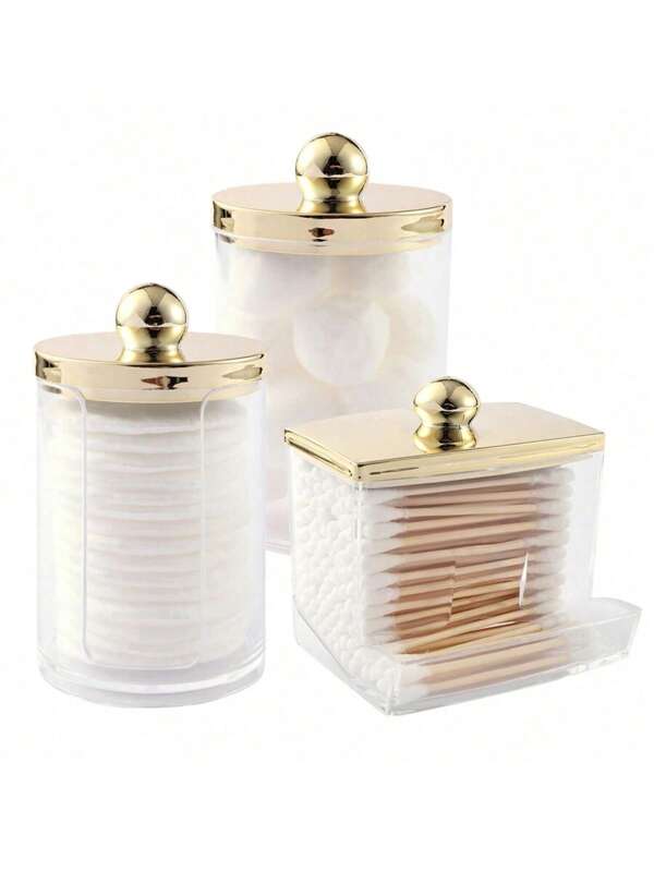 1/2/3 Pcs Qtips Dispenser Bathroom Container With Golden Lid , 10 Oz Qtips Ball Holder, Clear Plastic Apothecary Jar Organizer For Storage Qtips Swab, Round Pads, Floss Picks,For Holiday Beach, Bathroom Collection, Bedroom Collection, Large Capacity