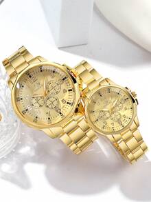 2件套时尚商务休闲情侣手表，多功能圆形表盘钢带石英表，情侣礼品套装，适合返校、派对、婚礼、节日、户外活动、万圣节、圣诞节和日常佩戴，情侣最佳礼物 - 金色 - 查看 3