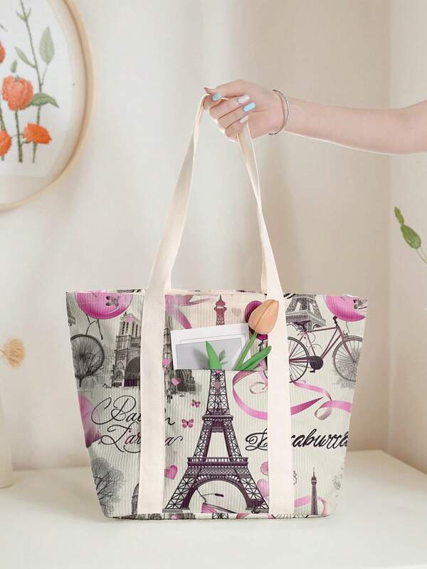 Interest Pattern Handbag, Lightweight, Suitable For School, Campus, Library, Shopping, Travel, Outdoor, Picnic, Large Capacity Handbag Shoulder Bag, Student Handbag, Multiple Compartments, Very Suitable For Beach, School, Work And Daily Use