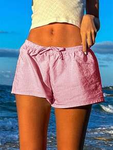 Quần short nữ mùa hè in sọc, buộc dây, kiểu dáng tối giản, phong cách Y2K Sunshine Girl. - Đỏ - Xem 8