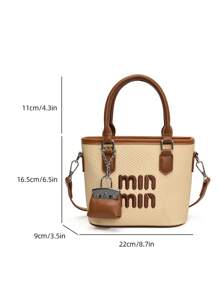 人造皮革纯色迷你水桶包，多功能休闲手提包和单肩包 - 卡其色 - 查看 3