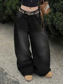 复古高街水洗黑色牛仔裤，女士时尚设计直筒宽松休闲阔腿裤，春夏款 - 黑色 - 查看 6
