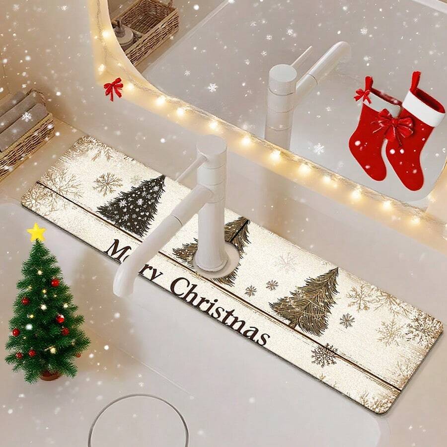 1 Stück/90 Stücke Weihnachten, Weihnachtsbaum bedruckter Wasserhahn, wasserabsorbierender Abtropfmatte, Retro Kaffee wasserabsorbierende schnelltrocknende Matte, gummibeschichtete Toiletten- und Küchenarbeitsplatten-Wasserhahn-Abtropfmatte, geeignet für Wasserhähne in Büros, gewerblichen Betrieben und Haushalten, dekorative Küchendekorationen