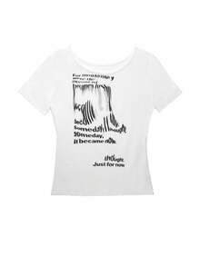 女式字母扎染印花修身露肩短袖休闲上衣T恤 - 白色 - 查看 6