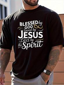 Camiseta de Fe Religiosa para Hombres - Impresión Inspiradora "La Bendición de Dios, el Amor de Jesús, la Guía del Espíritu Santo", Camiseta de Manga Corta de Cuello Redondo 100% Algodón, Ropa Cómoda para Uso Diario al Aire Libre en Primavera y Verano, Ropa Casual Diaria - Negro - Ver 1