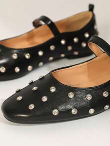 女士平底玛丽珍鞋，时尚百搭低帮单扣铆钉装饰，棕色芭蕾平底鞋 - 黑色 - 查看 3