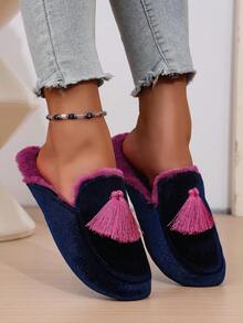 女士手工缝制流苏装饰奢华天鹅绒毛绒保暖卧室拖鞋，防滑 TPR 鞋底，包头优雅女士拖鞋，秋冬舒适鞋 - 藏蓝色 - 查看 6