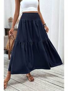 Women's Smocked High Waist Maxi Skirt Casual Boho Long Skirts With Pockets