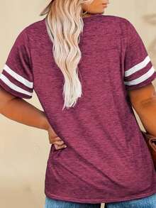 Plus Size Women's Fashion V-Neck, Striped Spliced Cuff Short Sleeve, Spring/Summer Outdoor Sports And Leisure T-Shirt - Red Violet - View 6