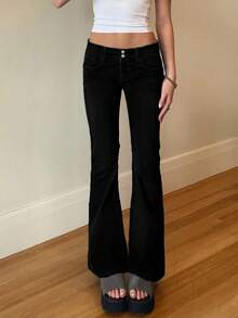 TOP Cross-Border European And American Street Fashion Y2K Hot Girls Tight-Fitting Low-Waisted Women's Flared Pants - Black - View 2