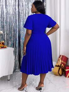 大码女式不对称领口优雅荷叶边袖褶皱 A 字连衣裙 - 藍色 - 查看 2