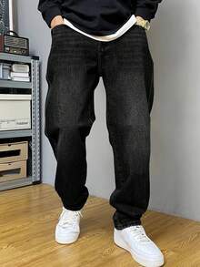 Men's Casual Washed Pocket Straight Loose Fit Jeans, Fashion Everyday Wear - màu đen - Xem 4