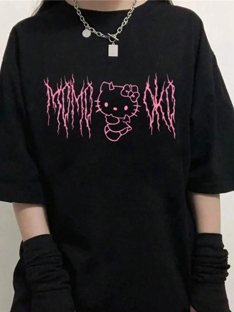 SANRIO Women's Short-Sleeved Crew Neck Casual T-Shirt With  Print. Made Of Pure Cotton. Machine Washable. Suitable For All Seasons. Summer Wear. Fun, Sexy, Avant-Garde And Personalized Design. Opaque Fabric. - màu đen - Xem 1