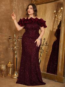 UNITHORSE Elegant Off-Shoulder Mesh Patchwork Sequin Backless Tie-Up Fitted Party Dress, Bridal Gown, Birthday Dress, Graduation Dress, Formal Dress, Autumn Women's Wear Wedding Spring - 酒紅色 - 查看 2