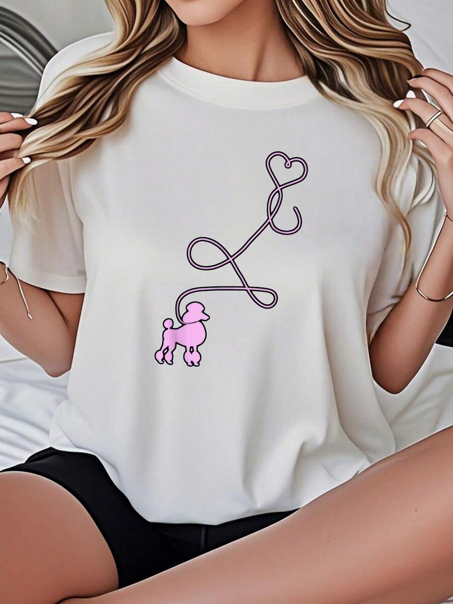 Women's-Shirt Casual Loose Fit Black White Options Poodle Heart Print Cute Graphic Tee Daily Wear Shirts Summer Tops Graphic Tees Summer Outfits Women Graphic Tees Women Crop Tops Tops Women Vintage Cotton Cute Clothes Women - 白色 - 查看 1