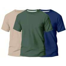 Kit 3 T-Shirts Basic Slim Men's T-Shirt Streetwear Casual Plain Unisex Promotion - 米色+綠色+藍色 - 查看 4