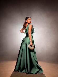 Asymmetrical Evening Dress With Side Slit And Bow On The Shoulder Simple Openwork / Cut-Out Formal And Evening - 薄荷綠 - 查看 2