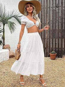 Women's Boho Maxi Skirt Summer Flowy Long Tiered A-Line Elastic High Waist Pleated Beach Skirt - 白色 - 查看 5