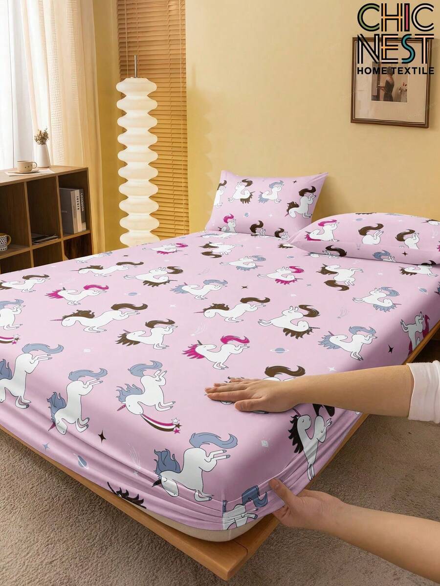 1 pieza Sábana ajustada con estampado de unicornio rosa, protector de colchón, funda de colchón con corazón de San Valentín, suave y transpirable, se ajusta a camas individuales, dobles, queen y king, diseño de bolsillo profundo, textil para el hogar, adecuado para ropa de cama de dormitorio - Rosa - Ver 1