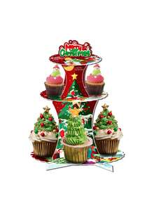 1 Juego de 3 niveles de soporte para cupcakes con decoración de tema navideño, mesa de postres de Feliz Navidad, soporte de exhibición de papel para cupcakes y postres navideños, torre de postres de frutas, apto para Navidad, fiestas temáticas, mesas de postres