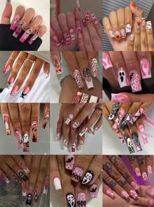 Halloween Nailas 288Pcs(12Mixed)Square Cute Ghost Faces, Ghosts, Pumpkins, Spider Webs, Hearts, Blood Drops And Bats Pattern Design French Tip Press On Nails Fit Perfectly Design Acrylic False Nails Set, Include: 4Pcs Jelly Glue And 2Pcs Nail File, Halloween Nails For Ladies For For Woman &Girl Halloween Use Nail Supplies Nails - View 2