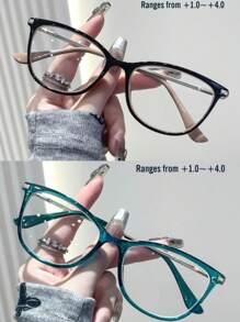 Gafas de lectura unisex, nueva moda con montura de plástico cristalino bicolor con decoración de remaches metálicos, disponible en 3 colores, con bisagras de resorte, aptas para deportes, ordenador y uso diario para aliviar la fatiga ocular, ajuste cómodo para diversos tipos de rostro. Disponible en 7 opciones de dioptrías: rosa, verde, marrón.