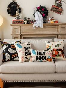1pc Halloween Ghost& Bat & Pumpkins Polyester Canavas Cushion Cover With Exquisited Embroidered, No Pillow Core, Home Decor Pillow Case Room Decor Pillow Cases Cushion Covers Halloween Decor