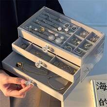 1 Pieza Joyero De Acrilico De Tres Capas Con Felpa, Organizador De Joyas Tipo Cajón, Caja De Almacenamiento Para Collares, Aretes Y Anillos, Regalo Para Mujeres Y Niñas - 灰色 - 查看 4