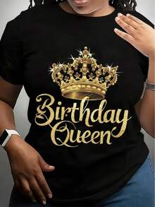 Women's Birthday Queen Graphic T-Shirt - White Casual Round Neck Tee With Glitter Golden Crown & Text Design, Breathable All-Season Comfort, Machine Washable Standard Fit For Parties & Casual Attire, Ladies T Shirts, Party Wear, Celebratory Attire, Comfortable Fit Shirt, Birthday Celebration, Lively Design, Soft Material, Fashion Lovers - 黑色 - 查看 1