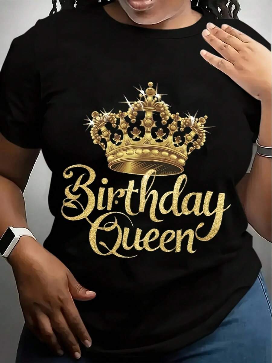 Women's Birthday Queen Graphic T-Shirt - White Casual Round Neck Tee With Glitter Golden Crown & Text Design, Breathable All-Season Comfort, Machine Washable Standard Fit For Parties & Casual Attire, Ladies T Shirts, Party Wear, Celebratory Attire, Comfortable Fit Shirt, Birthday Celebration, Lively Design, Soft Material, Fashion Lovers - 黑色 - 查看 1