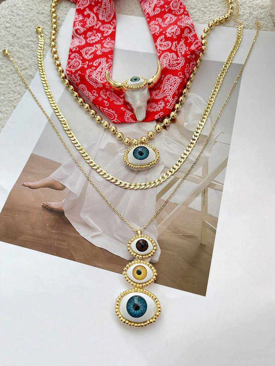 1pc Bohemian Style Creative Fashion Luxury Elegant Copper Bull Head & Eye Print Fabric Necklace, Suitable For Daily, Date, Party, Summer, Beach, Holiday, Sports, Gift For Women, Sisters, Couples (The Eyes Are Made Of Resin With Foam Backing. Please Handle With Care If You Have Concerns.) - Gold - View 1