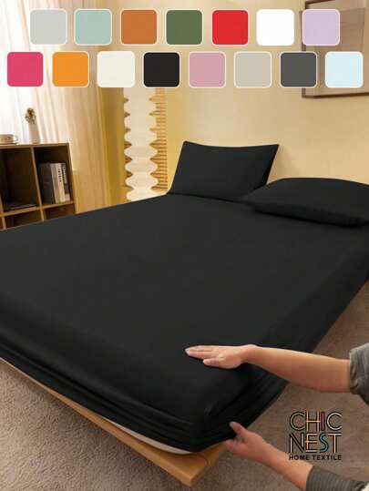 2/3pcS Solid Color Black Fitted Sheet Set (1Pc Fitted Sheet+1/2pcs Pillowcases), Mattress Protector, Mattress Cover For Bed, Bed Sheet Set, Soft And Breathable, For All Size Bed -Twin, Full, King, Queen Size Sheet Deep Pocket Up To 11.8 Inch Home Textile