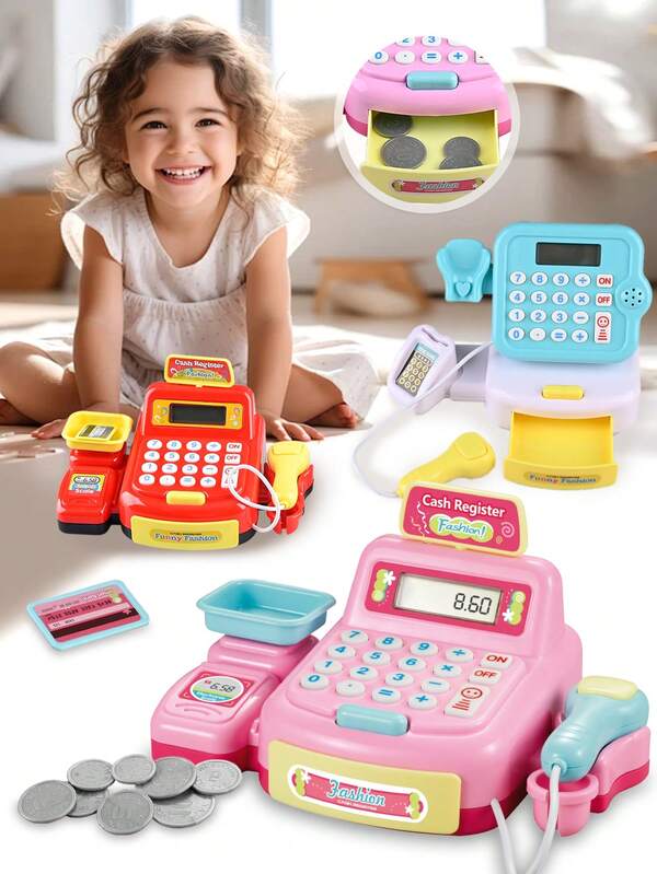 Electronic Simulation Supermarket Cash Register Children's Toy, Simulated Checkout, Card Swiping, Coin Toy, Digital Calculation, Lights & Sounds, Roleplay Game, Gift For Boys & Girls, Some Accessories Random