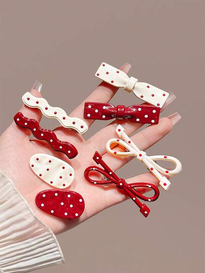 8pcs Women's Cute Polka Dot Bow Hair Clips, Bangs & Side Hairpins, Suitable For Daily Use, Fall, Claw Clips, Hair Claws, Hair Slide, Hair Barrettes, Alligator Hair Clip, Hair Accessories, Fall Fashion, Autumn, Winter Outfit For Women, Bows