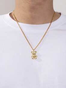 1PC 小熊男士简约钛钢长链+铜锆石吊坠材质项链简约可爱适合生日礼物，男女情侣日常搭配佩戴 - 小熊吊墜項鍊 - 查看 4