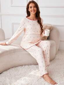 2pcs Maternity Cherry Print Nursing Long Sleeve Top And Pants Comfortable Loose Pajama Set