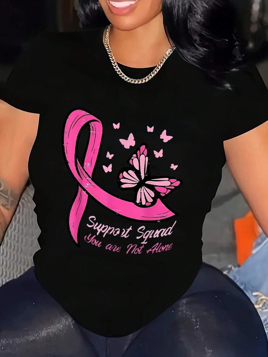 Women's Casual Sports T-Shirt, Round Neck, Short Sleeve, Pink Butterfly Breast Cancer Awareness Print, Comfortable Summer Top, Knitted Fabric, Polyester, All-Season, Ladies Fashion, Leisure Sport