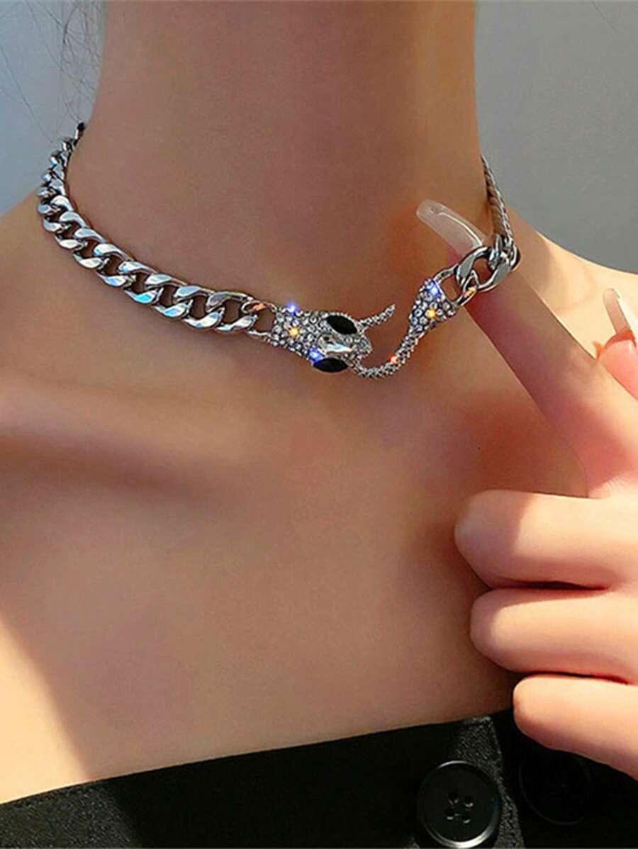 1pc Rhinestone Studded Snake Chain Necklace, Punk Style Vintage Necklace Suitable For Women's Daily Wear