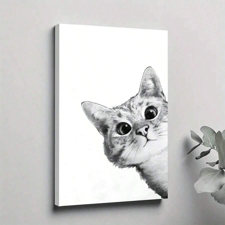 1pc Framed Canvas Poster, Sneaky Cat Wall Art Canvas Paintings, Ideal Gift For Bedroom Living Room Corridor, Wall Art, Room Decoration - 白色 - 查看 1