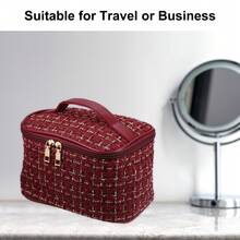 Makeup Bag, Large Cosmetic Travel Bag Woolen Make Up Brush Organizer Bag Tweed Plaid Toiletry Bag For Women - 紅色 - 查看 6