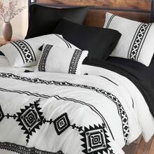 Maireve Embroidery Comforter Sets - 7 Pieces, Farmhouse Western Boho Comforter Set, All Season Bed In A Bag With Sheets, Pillowcases & Shams - Đen và trắng - Xem 5