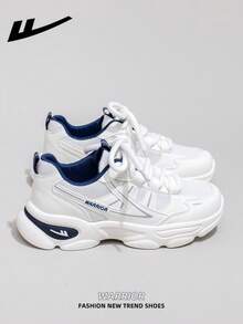 1 双 WARRIOR 女式厚底系带软底休闲鞋，低帮户外平底鞋，圆头低跟防滑纯色优雅软底登山鞋，适合学生，毕业照，平底鞋，低帮皮面运动滑板鞋 - WXY-5075L白深藍色 - 查看 4