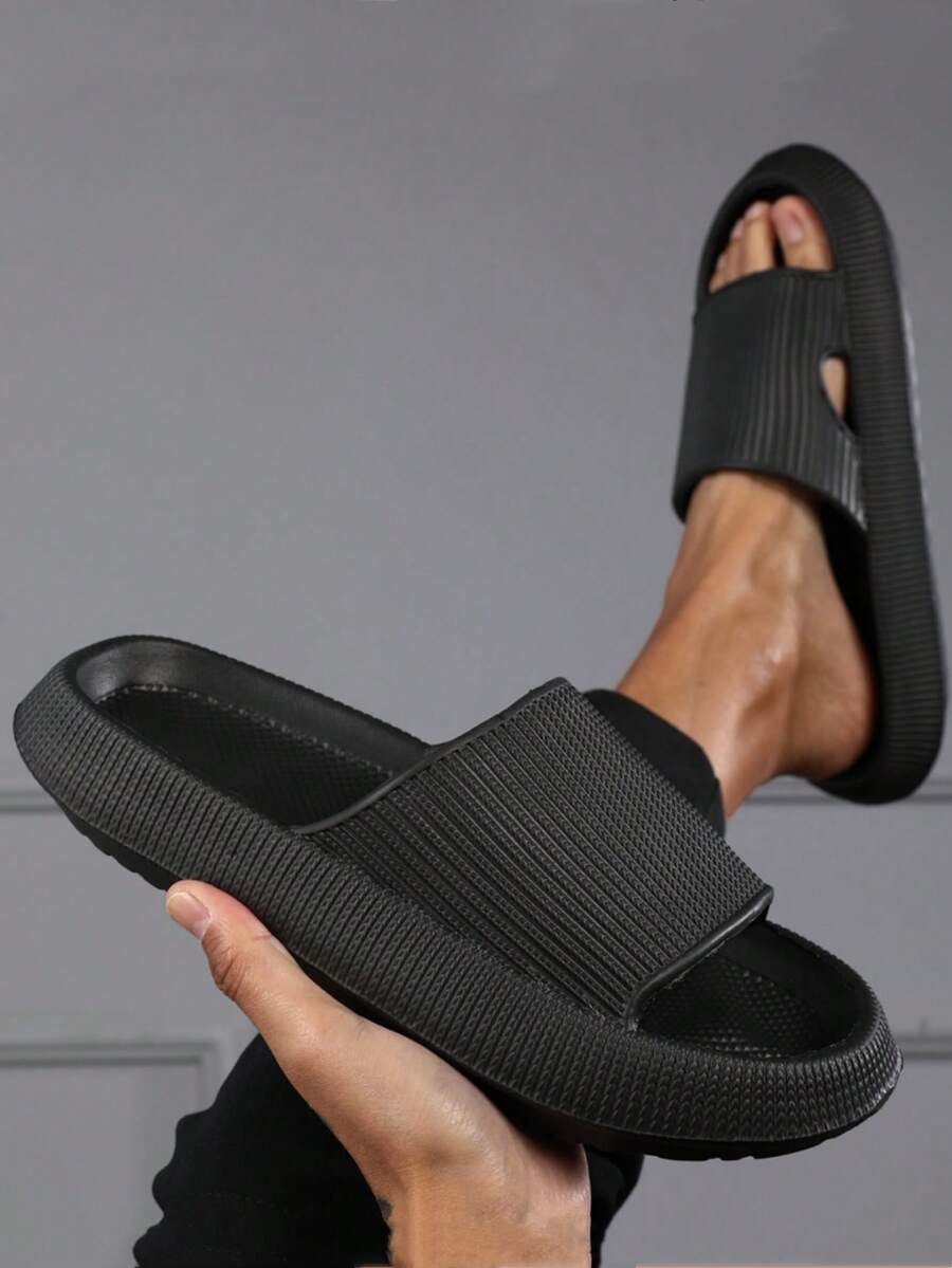 Men's Spring To Summer Home Slippers, Lightweight & Thick-Soled Black Slippers, Non-Slip Beach & Outdoor Sport Slippers For Large Feet