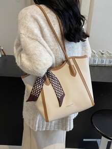 时尚纯色围巾装饰 PU 托特包，大容量通勤复古简约单肩包，百搭手提包，适合女性 - 米色 - 查看 3