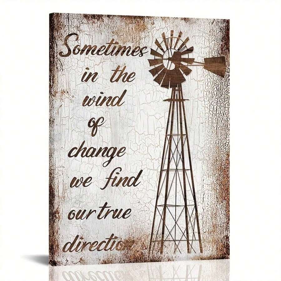 1pc Rustic Farmhouse Windmill Wall Art With Inspirational Quote, Distressed Wood Look Canvas Decor, Motivational Vertical Print For Living Room Bedroom Office, Country Style Home Decoration - Nhiều màu - Xem 1
