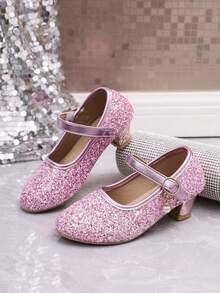 Neue Mädchen Mode Glitzer Dünne High Heel Schuhe, Tanzschuhe für ältere Kinder, Rundkopf Flache Schnallen Prinzessin Schuhe