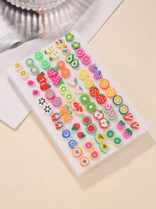 36pcs/Set Girls Cartoon Soft Clay Fruit Mixed Color Plastic Cute Fashion Earrings Set, Random Color & Style, No Box, Versatile For Daily Wear - Multicolor - View 5