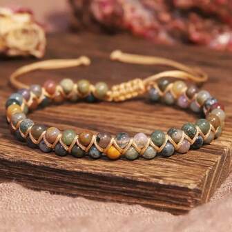 1 pieza Brazalete bohemio de cuerda trenzada de doble capa con ágata natural hecho a mano, adecuado para uso diario de mujeres, regalo para familiares y amigos