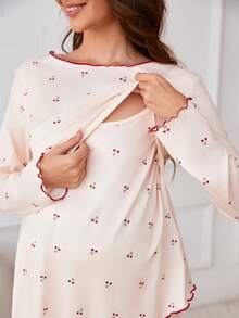 2pcs Maternity Cherry Print Nursing Long Sleeve Top And Pants Comfortable Loose Pajama Set