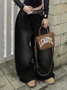 复古高街水洗黑色牛仔裤，女士时尚设计直筒宽松休闲阔腿裤，春夏款 - 黑色 - 查看 4